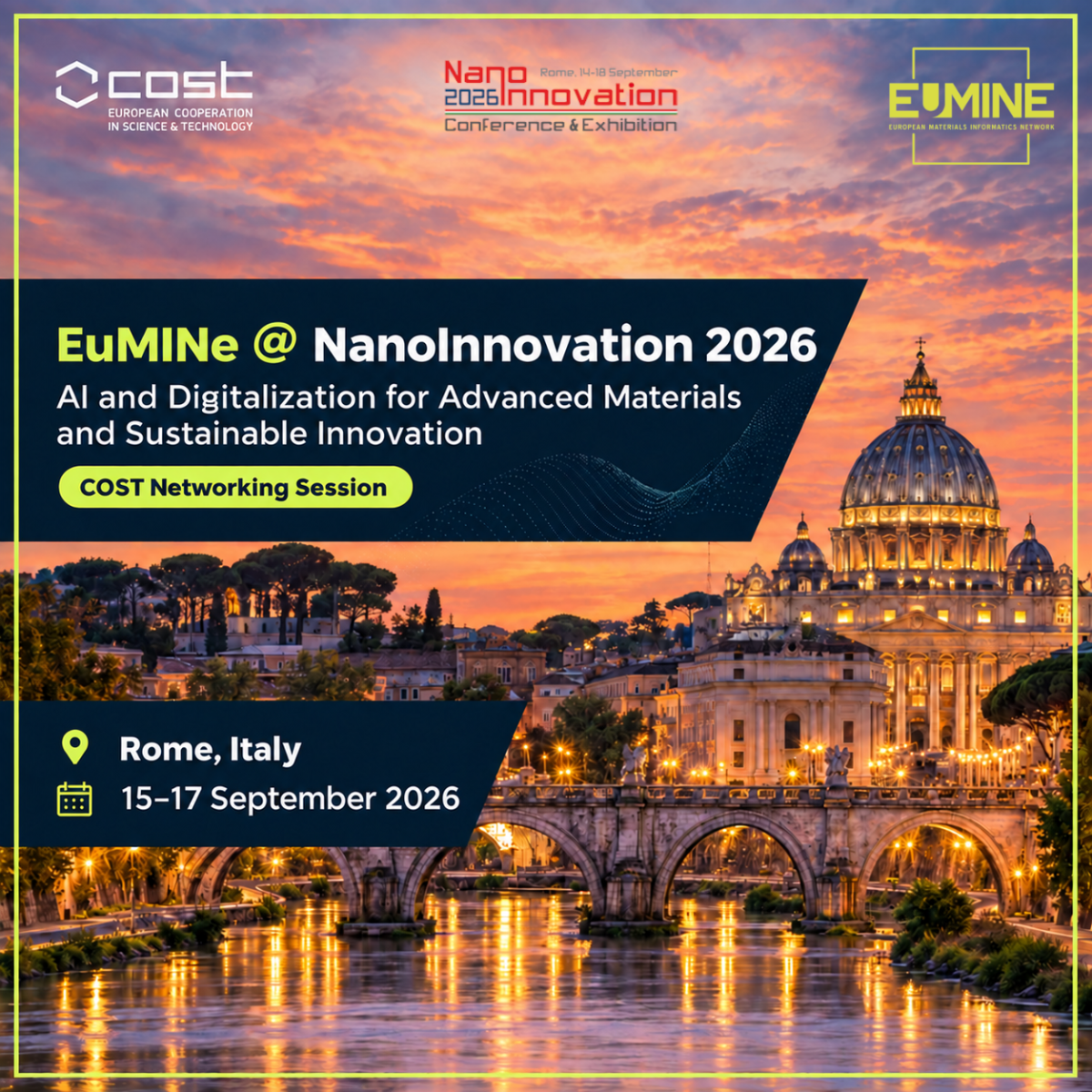 EuMINe COST Networking Session @ NanoInnovation 2026: AI and Digitalization for Advanced Materials and Sustainable Innovation – 15-17/09/2026 (Rome, Italy)